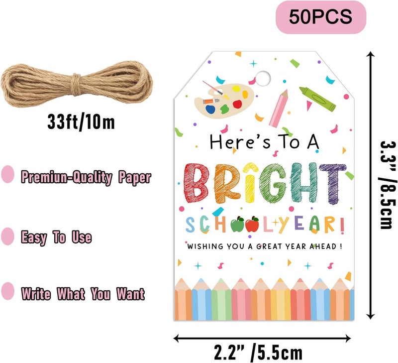 llyinglpdec 50pcs Back to School Gift Tags – “Bright School Year” Paper Tags with String for Teacher Treats, Student Goodie Bags, Classroom Welcome Decor – 2.2x3.3in - Image 2